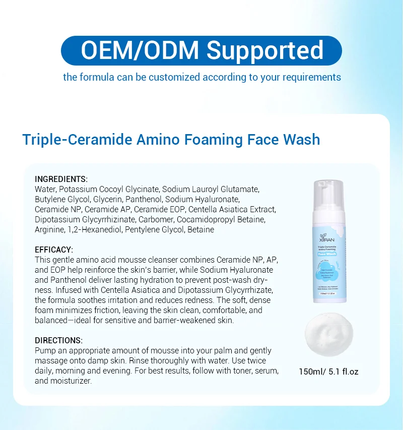 Triple-Ceramide Amino Foaming Face Wash bottle with ingredient list and usage directions. OEM/ODM customization supported.